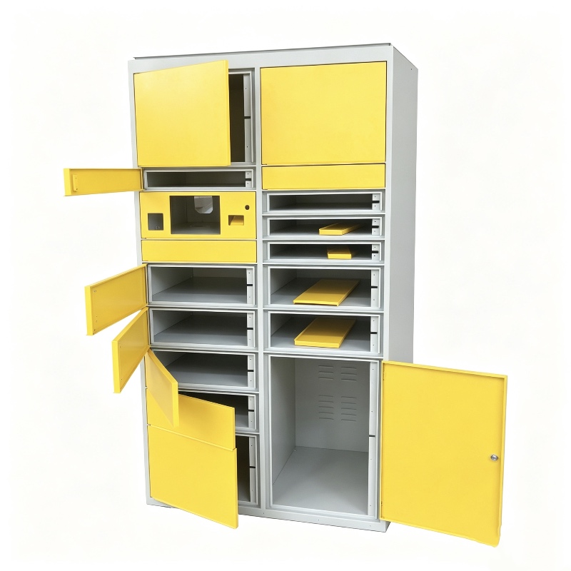 Yellow and gray smart parcel locker cabinet