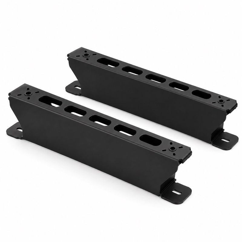 Black metal mounting brackets with elongated mounting slots