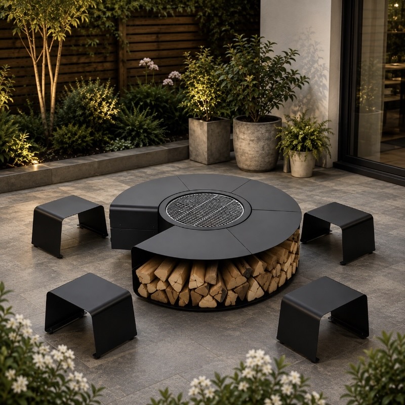 Outdoor Metal Fire Pit Table with Four Stools in a Modern Garden Patio