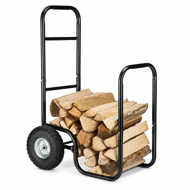 Black metal firewood cart loaded with logs